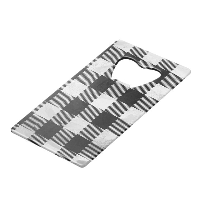 Checkered Plaid Black And White Credit Card Bottle Opener (Back Angled)