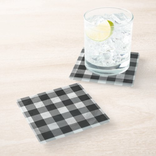 Checkered Plaid Black And White Glass Coaster
