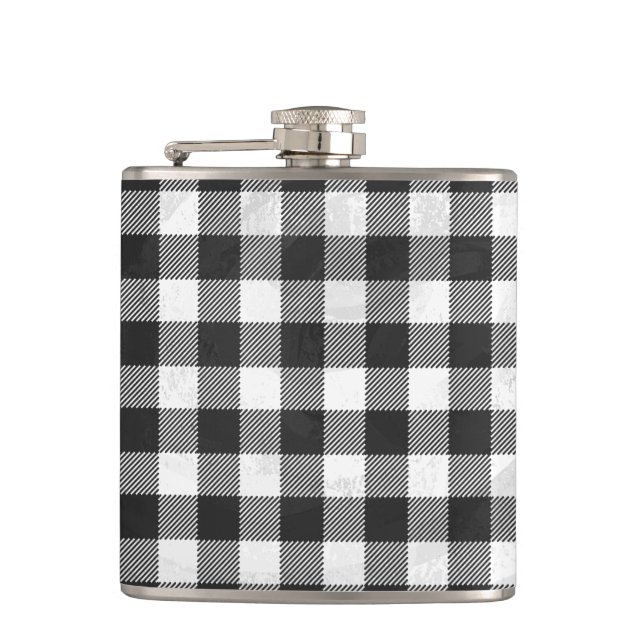 Checkered Plaid Black And White Hip Flask (Front)