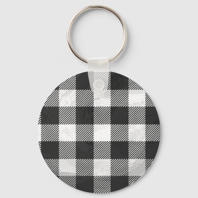 Checkered Plaid Black And White Keychain (Front)