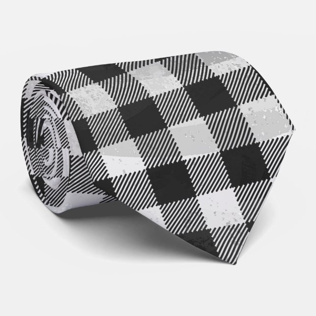 Checkered Plaid Black And White Neck Tie (Rolled)