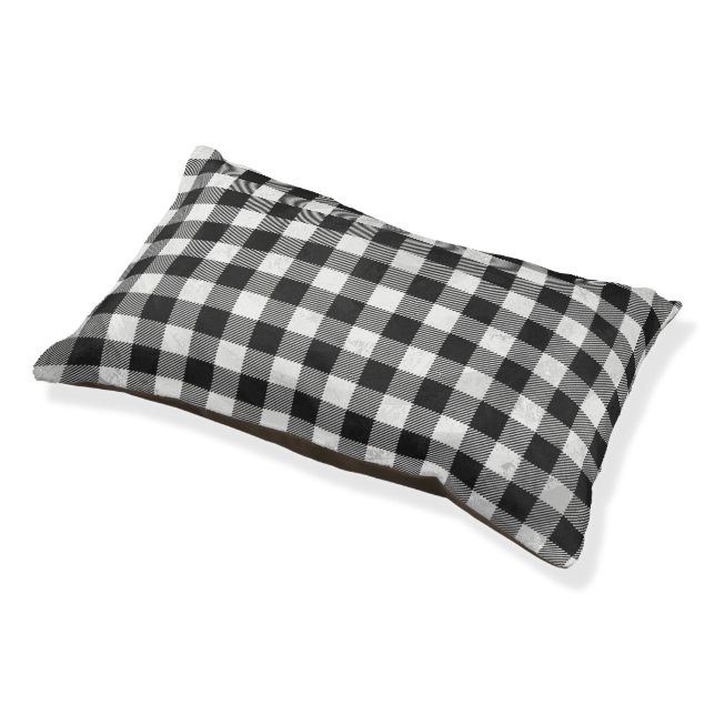 Checkered Plaid Black And White Pet Bed (Angled)