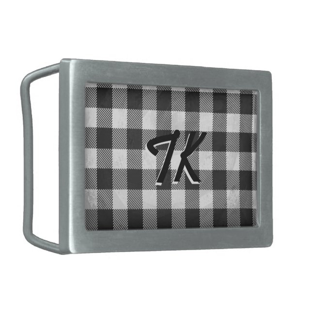 Checkered Plaid Black And White Rectangular Belt Buckle (Front Left)