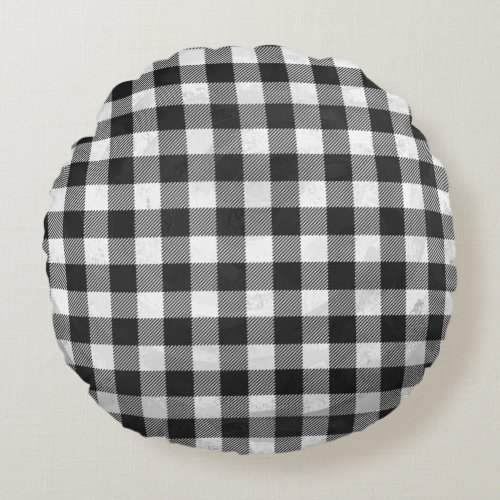 Checkered Plaid Black And White Round Pillow