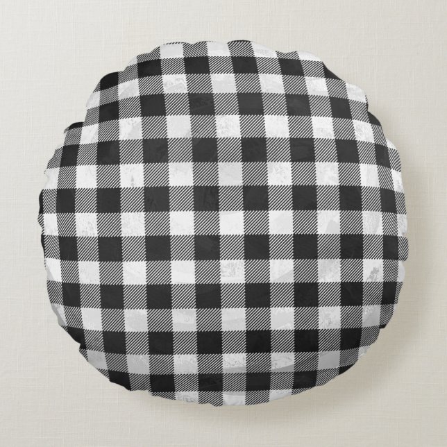 Checkered Plaid Black And White Round Pillow (Front)