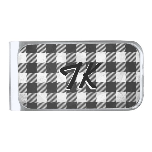 Checkered Plaid Black And White Silver Finish Money Clip (Front)