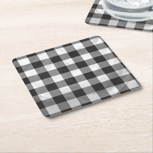 Checkered Plaid Black And White Square Paper Coaster
