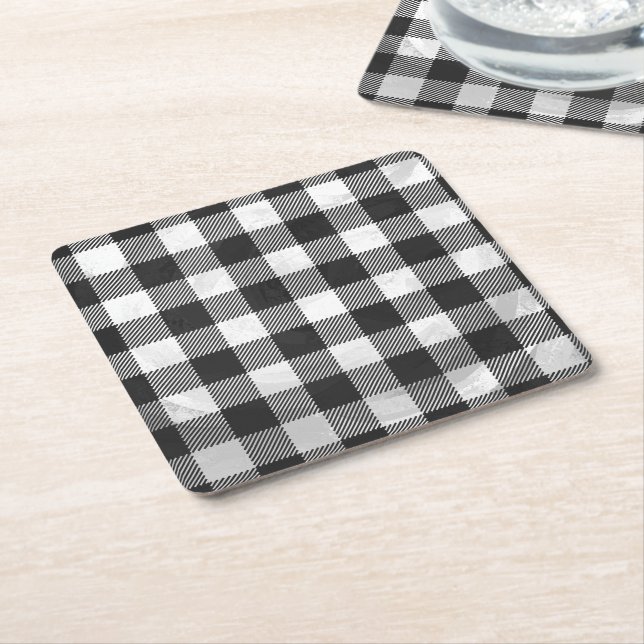 Checkered Plaid Black And White Square Paper Coaster (Angled)