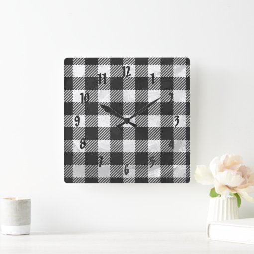 Checkered Plaid Black And White Square Wall Clock Zazzle
