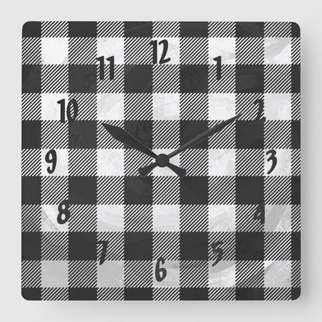Checkered Plaid Black And White Square Wall Clock (Front)