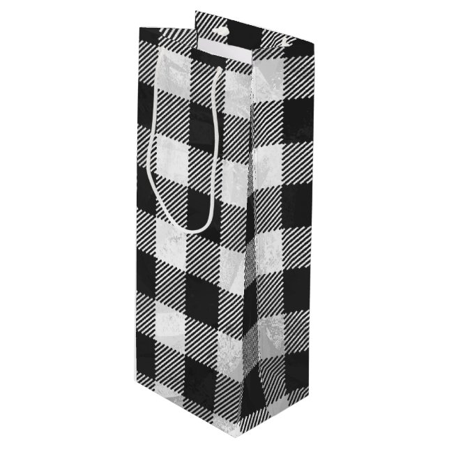 Checkered Plaid Black And White Wine Gift Bag (Front Angled)