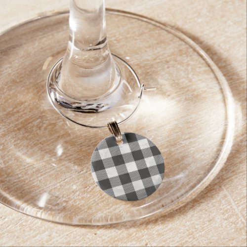 Checkered Plaid Black And White Wine Glass Charm