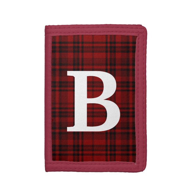 CHECKERED PLAID BLACK RED CUSTOMIZE TYPOGRAPHY  TRI-FOLD WALLET (Front Vertical)