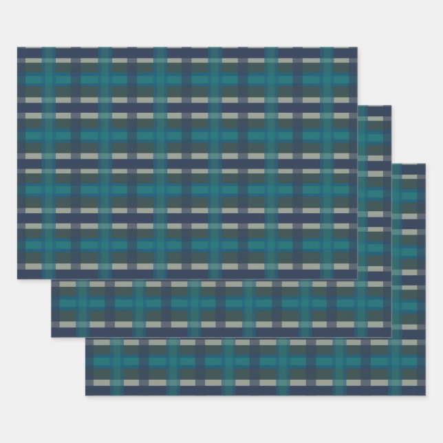 Checkered Plaid Blue Green Plaid And Turquoise Wrapping Paper Sheets (Set)