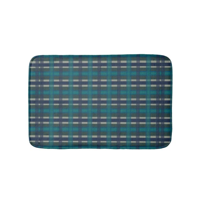 Checkered Plaid Blue Green Purple And Turquoise Bath Mat (Front)