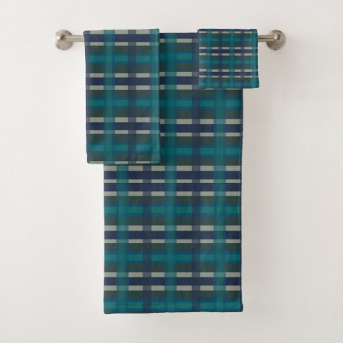 Checkered Plaid Blue Green Purple And Turquoise Bath Towel Set