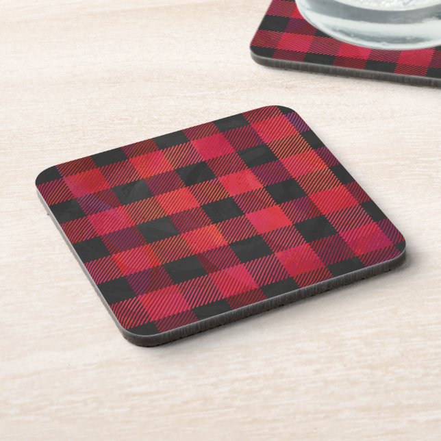 Checkered Plaid Red and Black Beverage Coaster (Left Side)