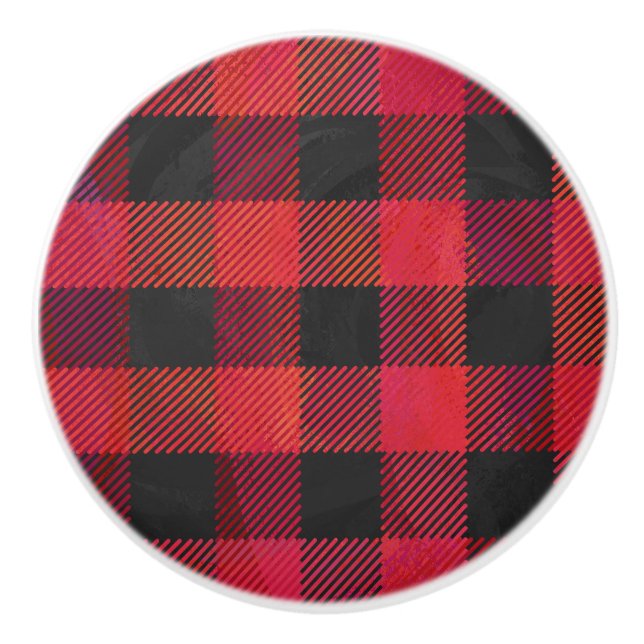 Checkered Plaid Red and Black Ceramic Knob (Front)