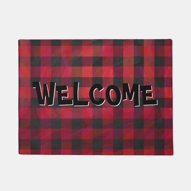 Checkered Plaid Red and Black Doormat (Front)