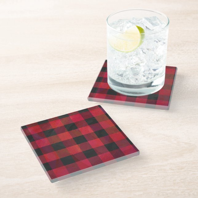 Checkered Plaid Red and Black Glass Coaster (Angled)