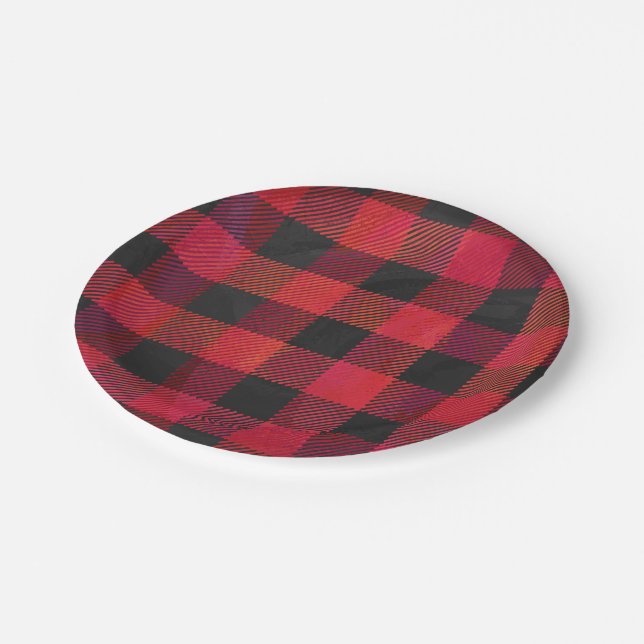 Checkered Plaid Red and Black Paper Plates (Angled)