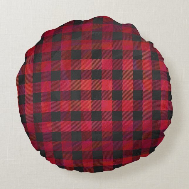 Checkered Plaid Red and Black Round Pillow (Back)