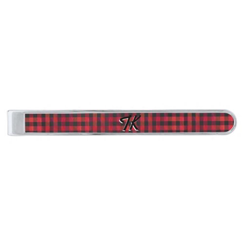 Checkered Plaid Red and Black Silver Finish Tie Clip