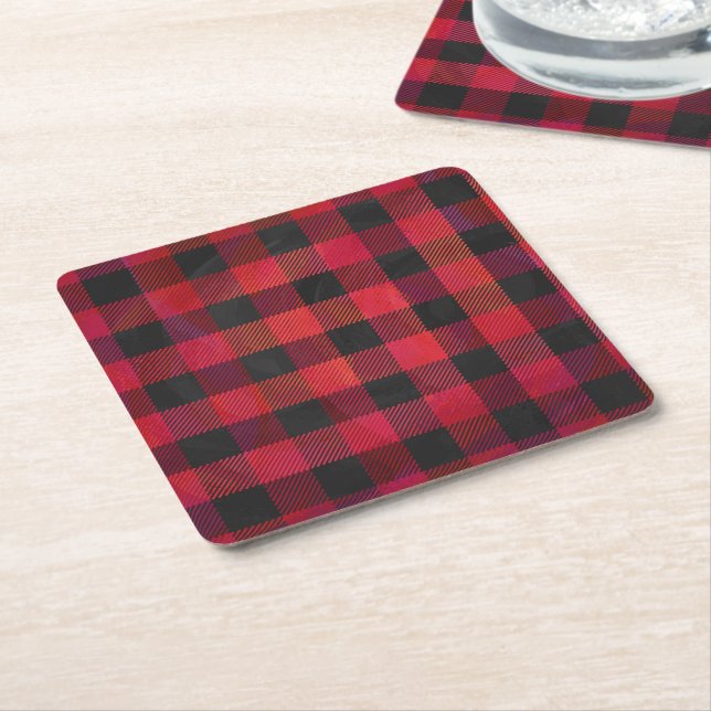 Checkered Plaid Red and Black Square Paper Coaster (Angled)