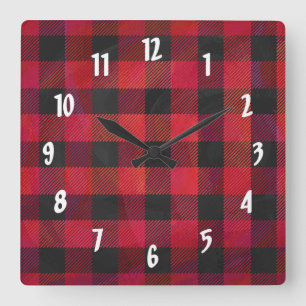 Checkered Plaid Red and Black Square Wall Clock