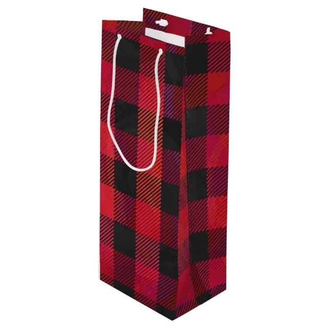 Checkered Plaid Red and Black Wine Gift Bag (Front Angled)