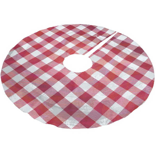 Checkered Plaid Red and White Brushed Polyester Tree Skirt (Angled)