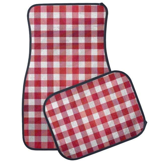 Checkered Plaid Red and White Car Mat (Set)