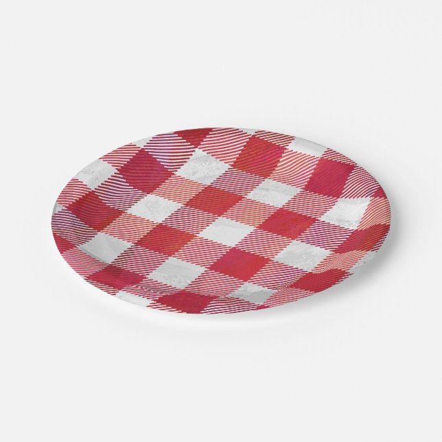 Checkered Plaid Red and White Paper Plates (Angled)