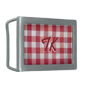 Checkered Plaid Red and White Rectangular Belt Buckle