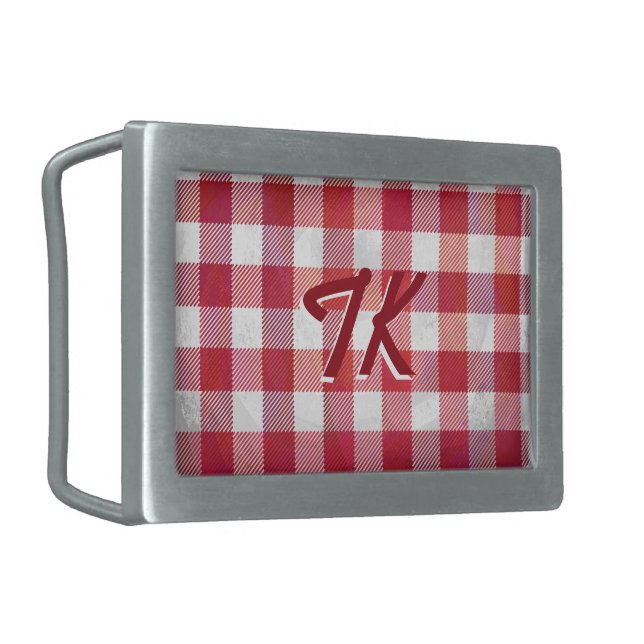 Checkered Plaid Red and White Rectangular Belt Buckle (Front Left)