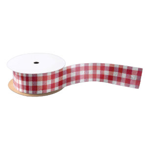 Checkered Plaid Red and White Satin Ribbon