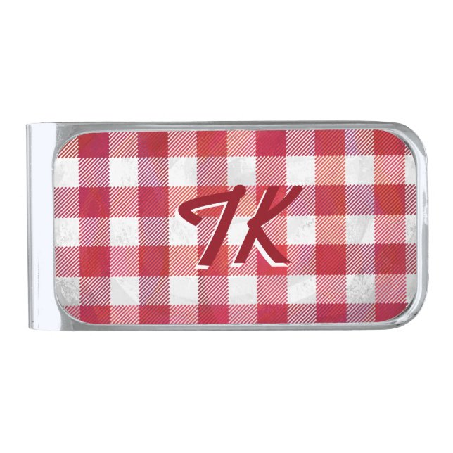 Checkered Plaid Red and White Silver Finish Money Clip (Front)