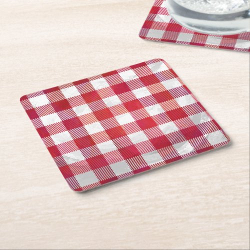 Checkered Plaid Red and White Square Paper Coaster