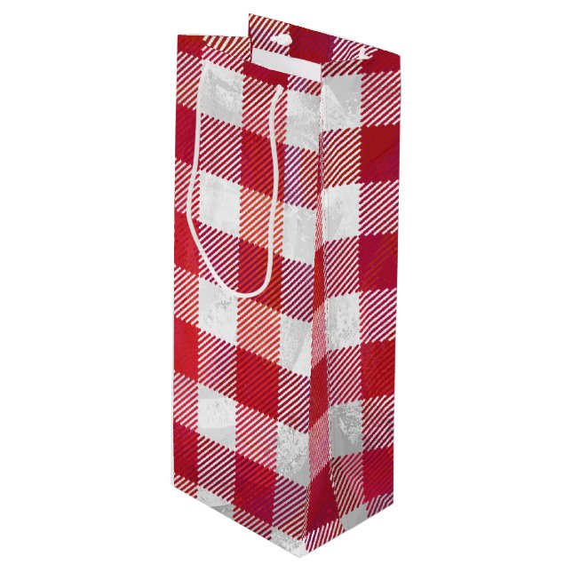 Checkered Plaid Red and White Wine Gift Bag (Front Angled)