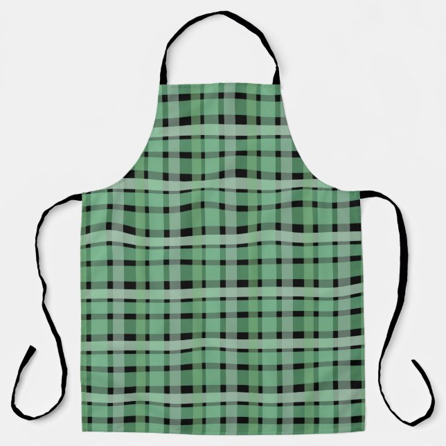 Checkered Plaid Tartan Green Stripes On Black  Apron (Front)