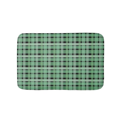 Checkered Plaid Tartan Green Stripes On Black  Bath Mat