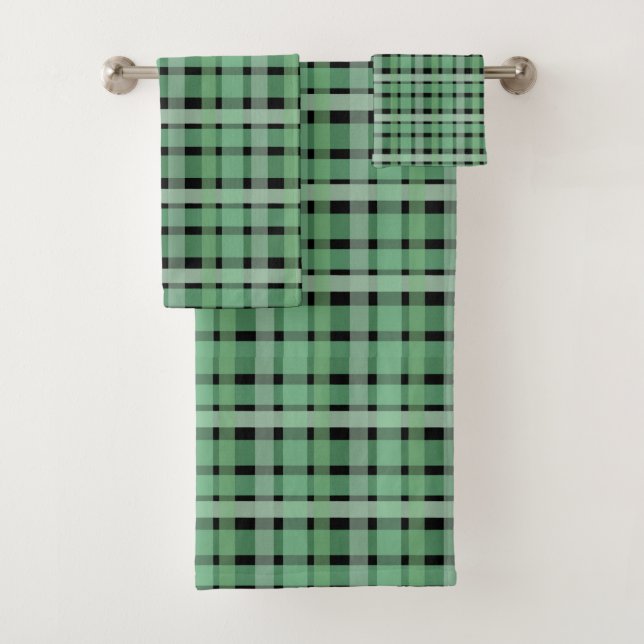 Checkered Plaid Tartan Green Stripes On Black  Bath Towel Set (Insitu)