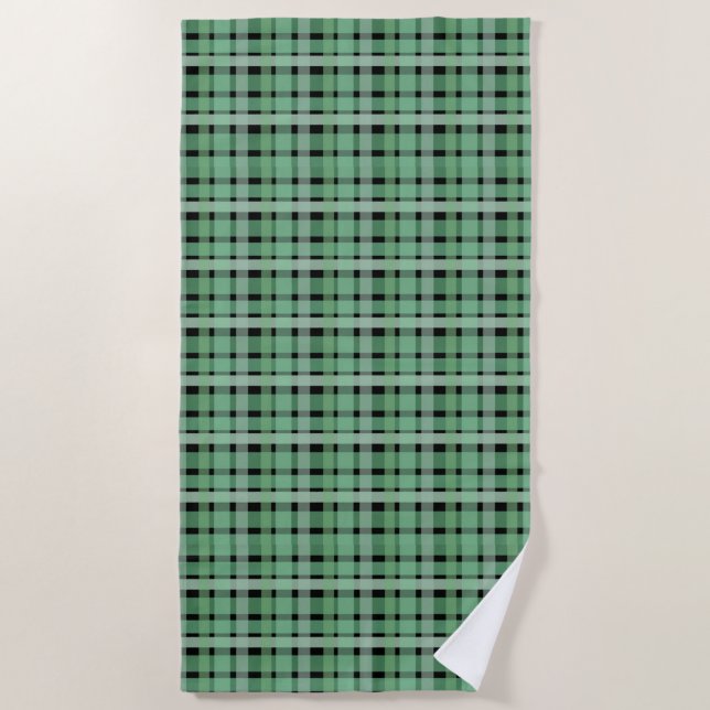 Checkered Plaid Tartan Green Stripes On Black  Beach Towel (Front)