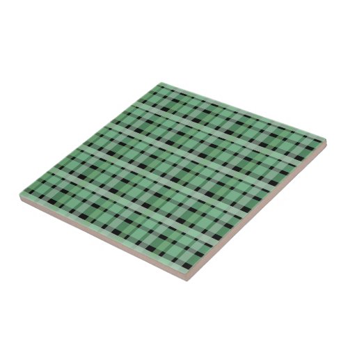 Checkered Plaid Tartan Green Stripes On Black  Ceramic Tile