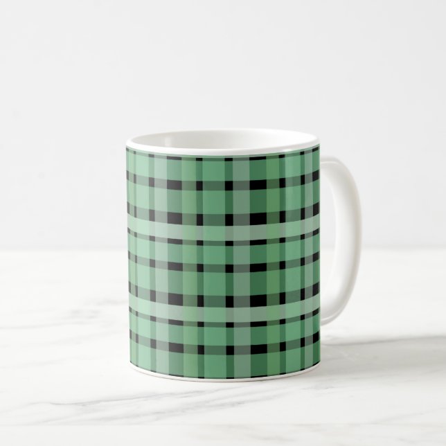 Checkered Plaid Tartan Green Stripes On Black  Coffee Mug (Front Right)