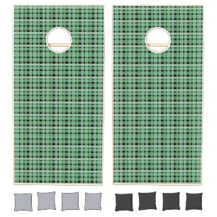 Checkered Plaid Tartan Green Stripes On Black Cornhole Set
