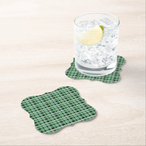 Checkered Plaid Tartan Green Stripes On Black  Paper Coaster