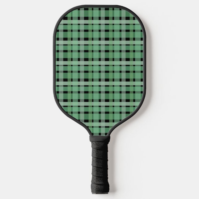 Checkered Plaid Tartan Green Stripes On Black Pickleball Paddle (Front)
