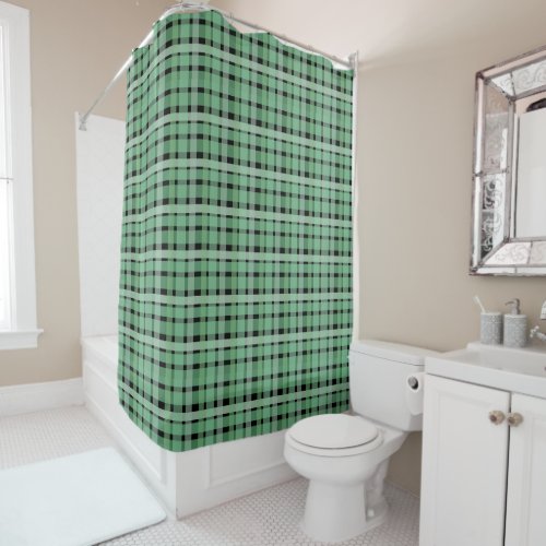 Checkered Plaid Tartan Green Stripes On Black  Shower Curtain