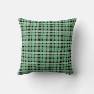 Checkered Plaid Tartan Green Stripes On Black Throw Pillow